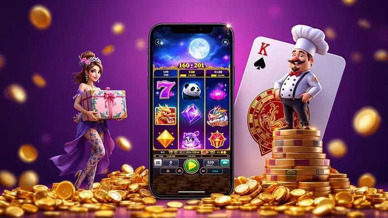 Reel slot dengan simbol khusus dan latar permainan berwarna