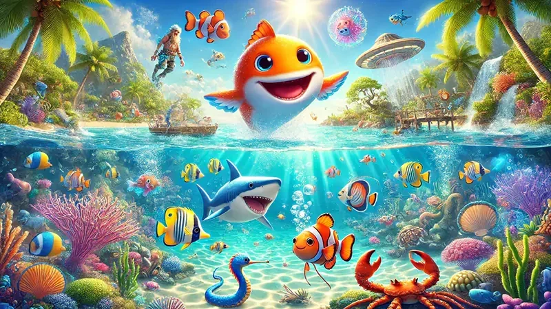 Adegan meriam dan sasaran ikan dalam permainan bawah laut